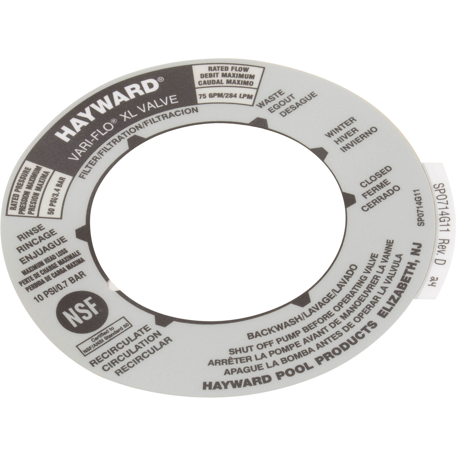 Hayward SPX0714G Valve Label Decal - 6 Position